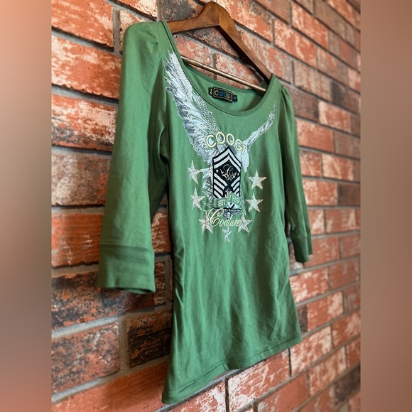 COOGI Embellished Ruched Sides Shirt Olive Green Size M - Picture 4 of 8